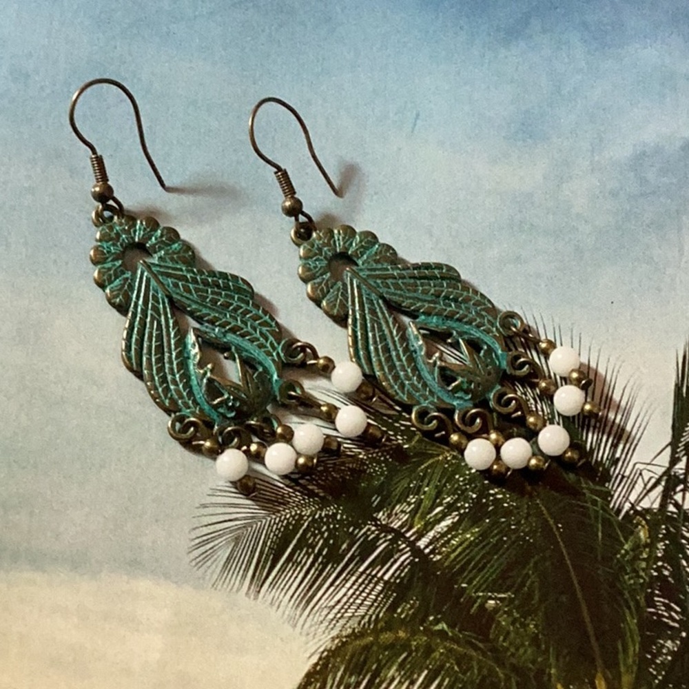 Antique Style Blue Patina Bronze Earrings